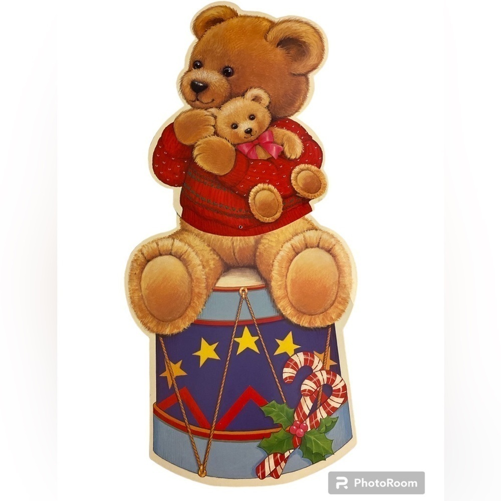 Vintage Eureka Die Cut Jointed Christmas Teddy Bear on drum Wall decoration